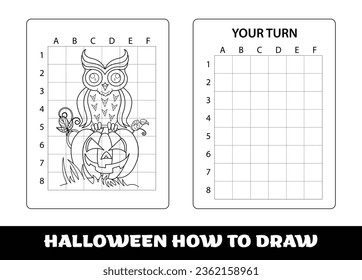 PrintCopy the picture kids game and coloring page with halloween Owl and pumpkin. Owl education Copy the picture game for preschool children..