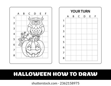 PrintCopy the picture kids game and coloring page with halloween Owl and pumpkin. Owl education Copy the picture game for preschool children..