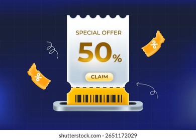 Printed 3d yellow Special offer voucher with 50% discount. Claim your half-price deal now. vector illustration
