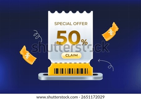 Printed 3d yellow Special offer voucher with 50% discount. Claim your half-price deal now. vector illustration
