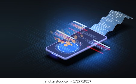 Printed billing receipt, payment bills and financial bank check, money transfer, online bank, budget accounting, electronic bill, phone with paper receipt isometric technology. Receipts bill. Vector