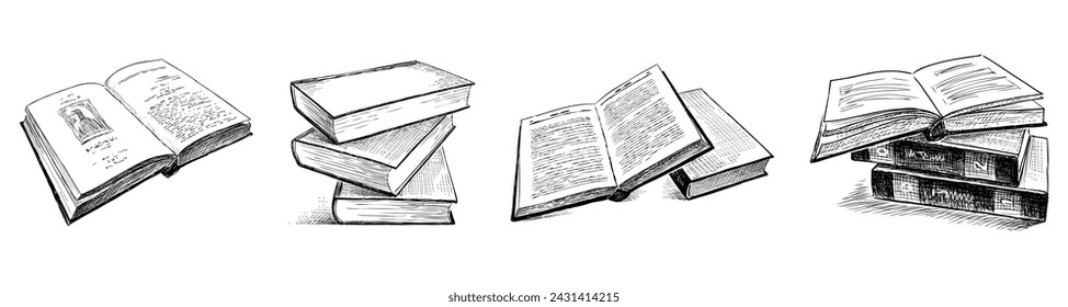 Printed books collection sketches black and white vector hand drawings isolated on white