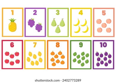 Printed cards with fruits. Collection of cards with numbers from 1 to 10 for children, kindergarten, preschool education or recreation, resources for teachers, games. Educational cards for children