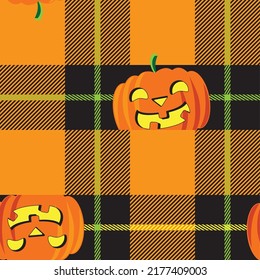 Printed check seamless pattern with orange pumpkin. Halloween illustration.