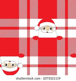Printed check seamless pattern with Santa Claus face. Christmas illustrtion.