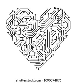 Printed circuit board black and white heart shape computer technology, vector