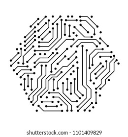 Printed circuit board black and white computer technology elements in a shape of a hex, vector