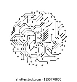 Printed circuit board black and white bitcoin round shape symbol computer technology, vector