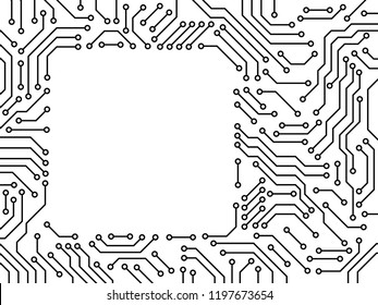 Printed circuit board black and white computer technology square frame template, vector
