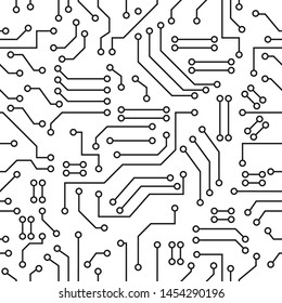 Printed circuit board black and white computer technology seamless pattern, vector