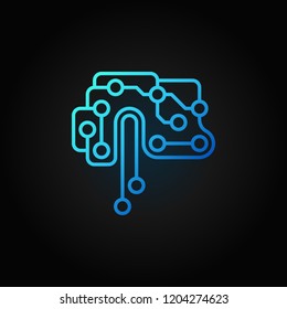 Printed circuit board brain vector blue icon or symbol in line style on dark background