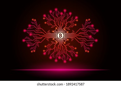 Printed Circuit Board Branches with Bitcoin Sign and Glowing Effects. Bitcoin Mining Concept