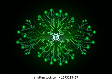 Printed Circuit Board Branches with Bitcoin Sign and Glowing Effects. Bitcoin Mining Concept