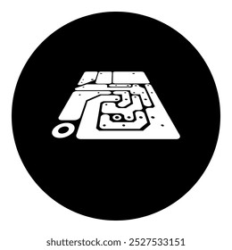 A printed circuit board in the center. Isolated white symbol in black circle. Vector illustration on white background