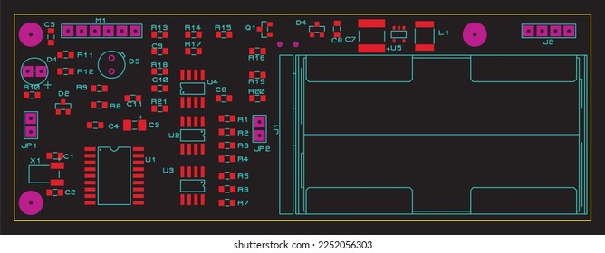 A printed circuit board of an electronic device with
components of radio elements placed on it. Vector 
engineering drawing of a pcb. Battery installation unit.