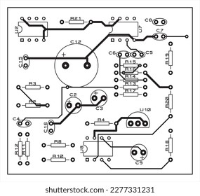 A printed circuit board of an electronic device with
components of radio elements, conductors and 
contact pads placed on it. Vector 
engineering drawing of a pcb. Top layer. 