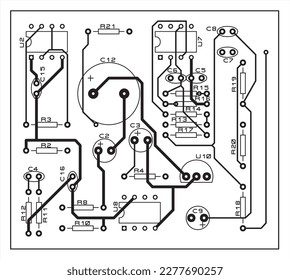 A printed circuit board of an electronic device with
components of radio elements, conductors and 
contact pads placed on it. Vector 
engineering drawing of a pcb. Bottom layer.