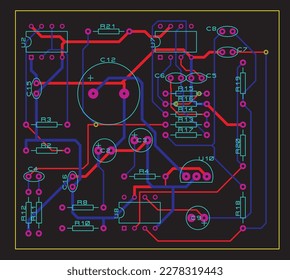 A printed circuit board of an electronic device with components of radio elements, conductors and contact pads placed on it. Vector engineering drawing of a pcb.