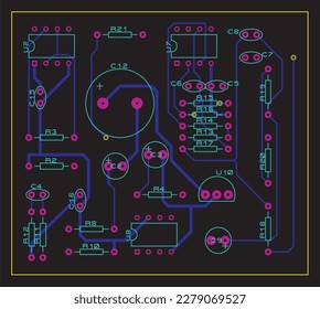 A printed circuit board of an electronic device with
components of radio elements, conductors and 
contact pads placed on it. Vector 
engineering drawing of a pcb. Bottom layer.