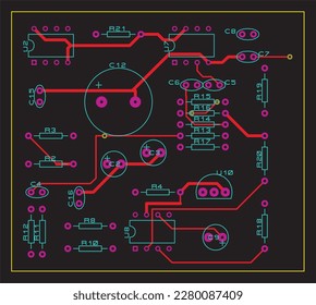 A printed circuit board of an electronic device with
components of radio elements, conductors and 
contact pads placed on it. Vector 
engineering drawing of a pcb. Top layer.