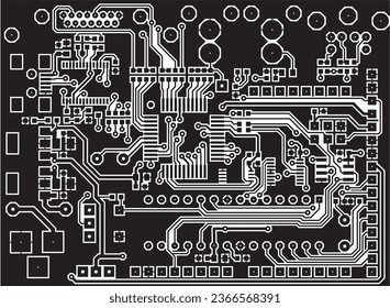 A printed circuit board of an electronic device with
components of radio elements, conductors and 
contact pads placed on it. Vector 
engineering drawing of a pcb.