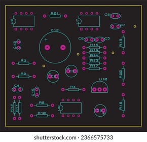 A printed circuit board of an electronic device with
components of radio elements and 
contact pads placed on it. Vector 
engineering drawing of a pcb.