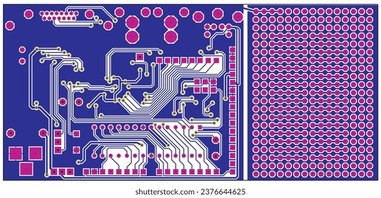 A printed circuit board of an electronic device with seats for
components of radio elements, conductors and 
contact pads placed on it. Vector 
engineering drawing of a pcb.