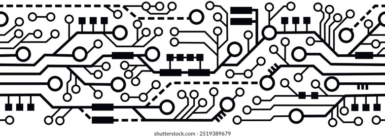 Printed circuit board for electronic devices.Black white horizontal banner with abstract electronic circuit.Geometric seamless border.Vector graphic design,background.Artificial intelligence concept.