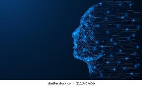 The printed circuit board forms the contour of a person's face. Loading data. Low-poly design of interconnected lines and dots. Blue background.