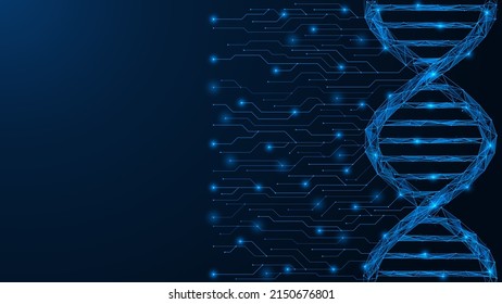 Printed Circuit Board Forms A DNA Helix. Programming Of The Macro Molecule. Genetic Information. Low-poly Design Of Interconnected Lines And Dots. Blue Background.