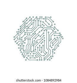 Printed circuit board green and white computer technology elements in a shape of a hex, vector