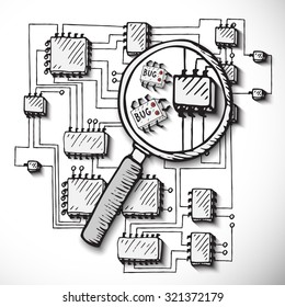 Printed circuit board, hand drawn. Bug searching.