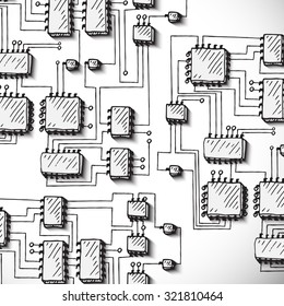 Printed circuit board, hand drawn.