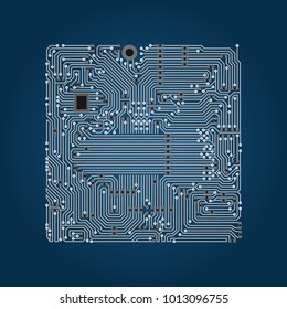 A printed circuit board on a blue background, a simple computer image.
