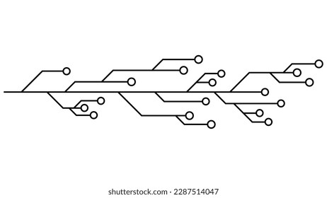Printed circuit board PCB tracks isolated on white background. Technical clipart with lines and rings at the ends. Dividers for design. Vector design element.