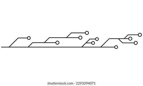 Pistas PCB de la placa de circuito impreso aisladas en el fondo blanco. Piloto técnico con líneas y anillos en los extremos. Divisores para el diseño. Elemento de diseño.