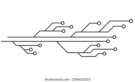 Pistas PCB de la placa de circuito impreso aisladas en el fondo blanco. Piloto técnico con líneas y anillos en los extremos. Divisores para el diseño. Elemento de diseño de vectores.