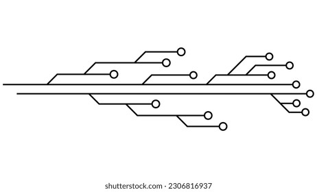 Pistas PCB de la placa de circuito impreso aisladas en el fondo blanco. Piloto técnico con líneas y anillos en los extremos. Divisores para el diseño. Elemento de diseño de vectores.