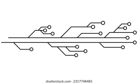 Pistas PCB de la placa de circuito impreso aisladas en el fondo blanco. Piloto técnico con líneas y anillos en los extremos. Divisores para el diseño. Elemento de diseño de vectores.