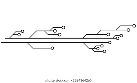 Pistas PCB de la placa de circuito impreso aisladas en el fondo blanco. Piloto técnico con líneas y anillos en los extremos. Divisores para el diseño. Elemento de diseño.