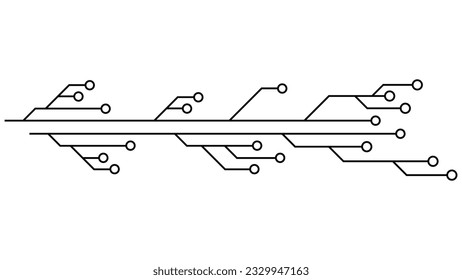 Printed circuit board PCB tracks isolated on white background. Technical clipart with lines and rings at the ends. Dividers for design. Vector design element.