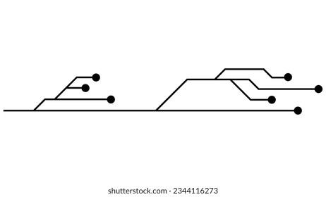 Printed circuit board PCB tracks isolated on white background. Technical clipart with lines and dots at the ends. Dividers for design. Vector.