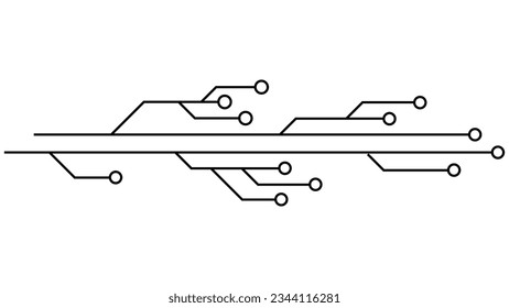 Printed circuit board PCB tracks isolated on white background. Technical clipart with lines and rings at the ends. Dividers for design. Vector design element.