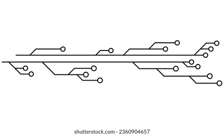 Pistas PCB de la placa de circuito impreso aisladas en el fondo blanco. Piloto técnico con líneas y anillos en los extremos. Divisores para el diseño. Elemento de diseño de vectores.
