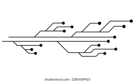 Pistas PCB de la placa de circuito impreso aisladas en el fondo blanco. Piloto técnico con líneas y puntos en los extremos. Divisores para el diseño. Elemento de diseño de vectores.