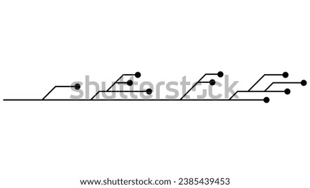 Printed circuit board PCB tracks isolated on white background. Technical clipart with lines and dots at the ends. Dividers for design. Vector.