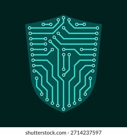 Placa de circuito impreso en forma de escudo: concepto de ciberseguridad y protección, aislado