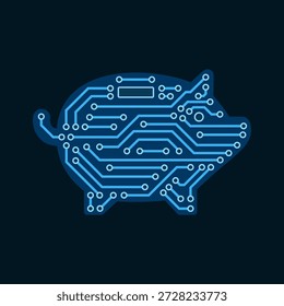 Placa de circuito impresso em forma de cofrinho: conceito de finanças, tecnologia e automação, isolado