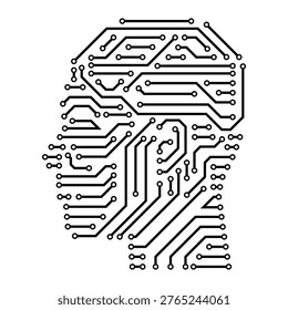 Printed circuit board shaped like a human head: robotics and AI concept, isolated