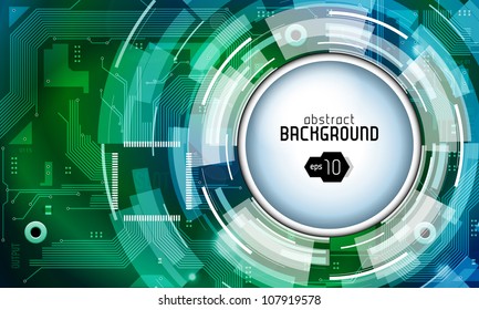 Printed Circuit Board Shiny Dark Round Vector Background Green Blue EPS10